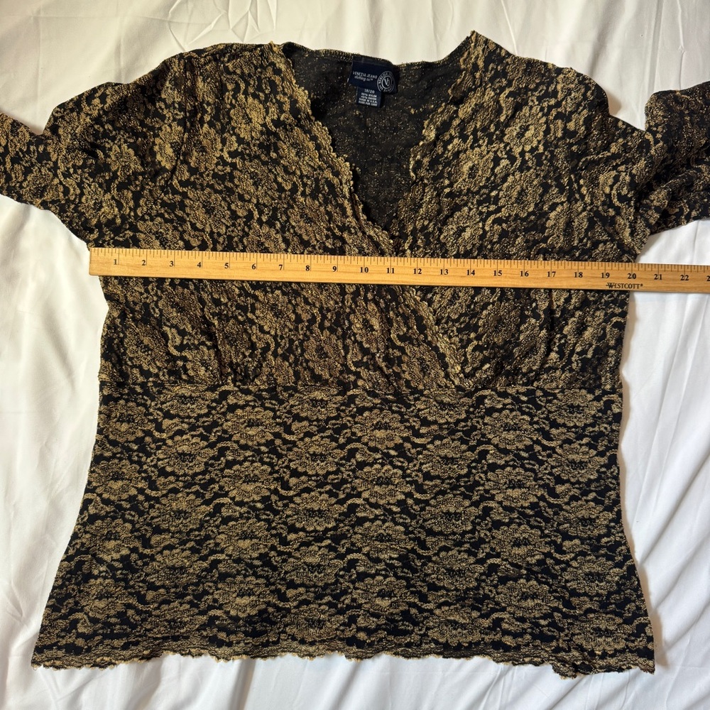 VTG 90s Venezia Black and Gold Lace Blouse with 3/4 Sleeves, Fairy Gothic Charm - Picture 6 of 8